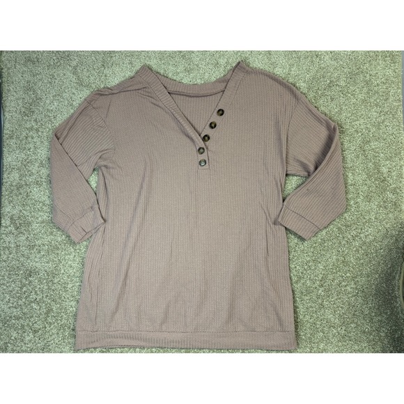 Tops - Waffle Knit Henley Tunic Top Dusty Mauve V-Neck 3/4 Sleeve Plus Size 4XL